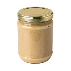 A glass jar of creamy sesame tahini paste isolated on a transparent background