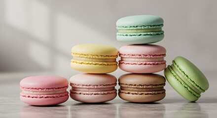 Obraz premium A stack of colorful macarons in pastel shades, perfect for dessert and food photography.