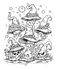 Whimsical Doodle of Fantasy Hats and Ghostly Spirits in Black and White