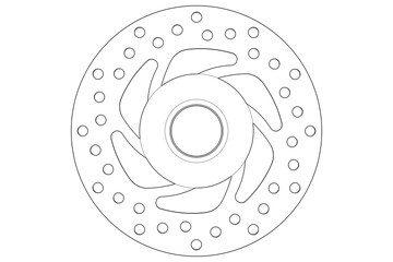 Disc Brake Rotor Technical Drawing Wireframe Illustration: Monochrome Line Art Outline of Automotive Mechanical Component for Engineering Design, Service Manual, or Manufacturing Diagram.