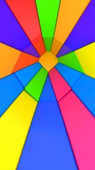 3D render of multicolor cubes forming an abstract geometric shape with a rainbow background