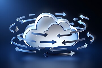 3 D Render of a Silver Cloud Computing Icon Surrounded by Rotating Blue Arrows on a Dark Blue Background Illustrating Data Transfer and Network Connectivity
