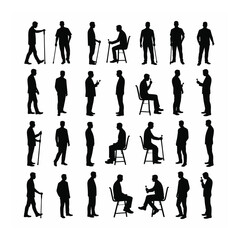 Diverse silhouettes of men standing sitting using walking aids