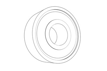 Industrial mechanical bearing: monochrome technical drawing wireframe illustration, simple line art blueprint schematic. Essential component diagram outline for engineering design precise technical 