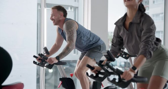 Class, stationary bike and people exercise for fitness, burn calories and lose weight for body health. Gym, happy group and indoor cycling for cardio training, laughing and leg strength for muscle