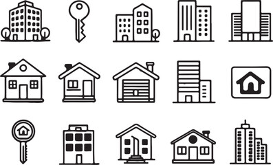 Real Estate vector line art icon set. Construction, business, house, building, home, land. Editable stroke outline