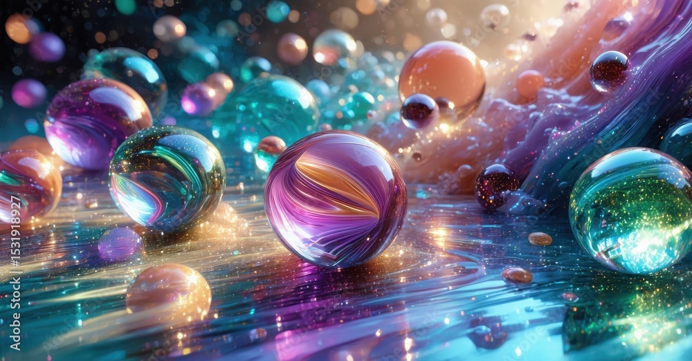 Poster vibrant spheres float, reflect light. colorful abstract shapes create dynamic, glossy surface. dream