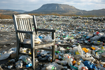 Wooden chair in plastic waste landscape environmental pollution concept