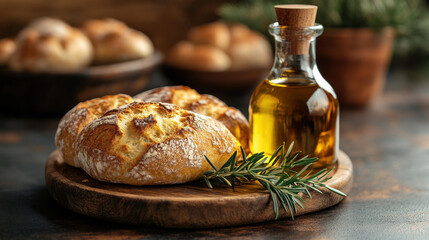 Rustic bread rolls on wooden board with bottle of olive oil and rosemary create warm, inviting scene. golden crust and natural setting evoke sense of comfort and homeliness
