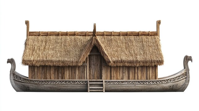 A traditional Viking longhouse with a thatched roof, wooden walls, and a carved wooden hull of a longboat