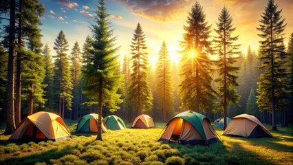 Surreal Summer Camp: Enchanting Fir Forest Tents - AI Generated Photography