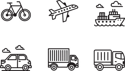 Transport vehicle vector line art icon set. Bike, motorcycle, bicycle, airplane, or aircraft, ship, bus, truck, car. Editable stroke outline