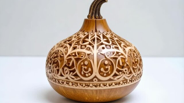 Handcrafted wooden gourd with intricate openwork carving and bulbous stem, presented on a bright white surface
