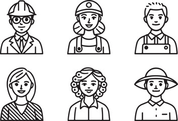 Young people vector line art icon set. A male and a female person. Editable stroke outline