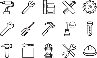 Workshop and working tools vector line art icon set. Garage, labor working tools, labor equipment. Editable stroke outline