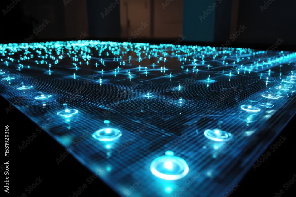 Poster vr interface displaying glowing data points, representing a digital world full of virtual elements.