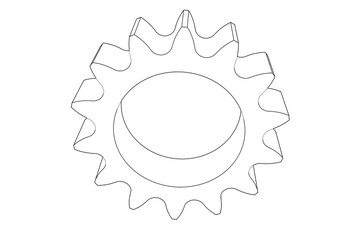 Simple Monochrome Wireframe Tech Drawing: Mechanical Sprocket Gear Comp, Isolated Schematic Outline for Engineering, Industrial Design Projects. Blueprint Style Line Art White Background.