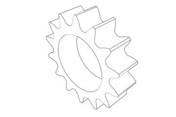 Simple Monochrome Wireframe Tech Drawing: Mechanical Sprocket Gear Comp, Isolated Schematic Outline for Engineering, Industrial Design Projects. Blueprint Style Line Art White Background.