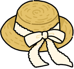 A cute vintage straw hat illustration with a ribbon, perfect for summer vacation themes, beach fashion posters, and seasonal decoration designs.