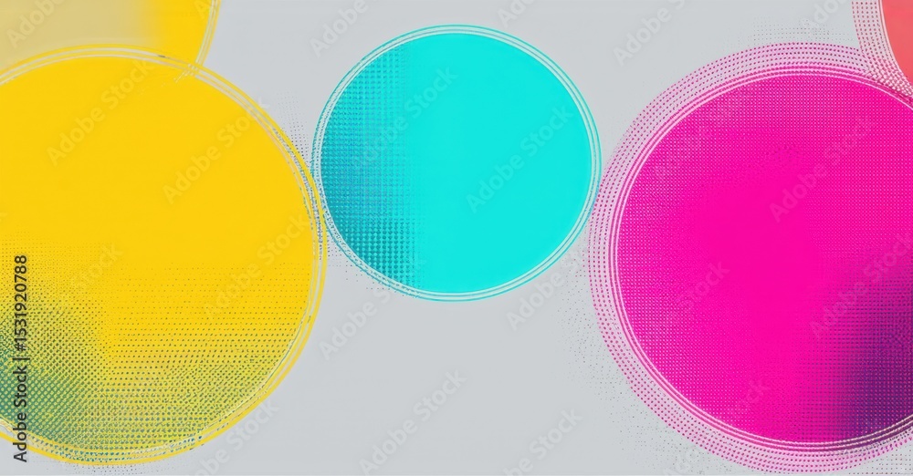 Poster Bright circles overlap gray background. Vivid colors create abstract composition. Texture appears grainy, modern design element.