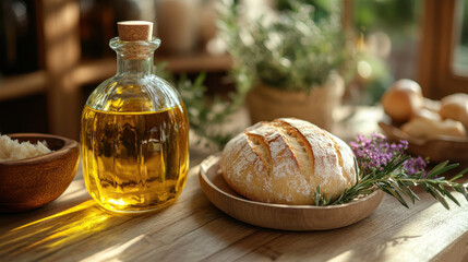 Rustic kitchen scene with loaf of crusty bread and bottle of olive oil on wooden table, surrounded by fresh herbs and soft natural light
