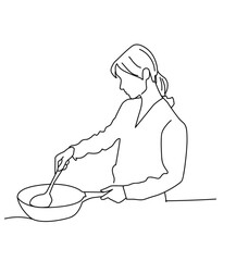 woman cooking happily.one line drawing portrait of mother cooking in the kitchen.