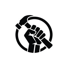 Strong hand holding hammer in circle logo
