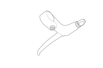 Detailed technical drawing of bicycle brake lever, monochrome simple line art outline vector illustration, mechanical engineering schematic blueprint style rendering for design and educational use.