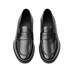 Pair of black leather loafer shoes isolated on transparent background