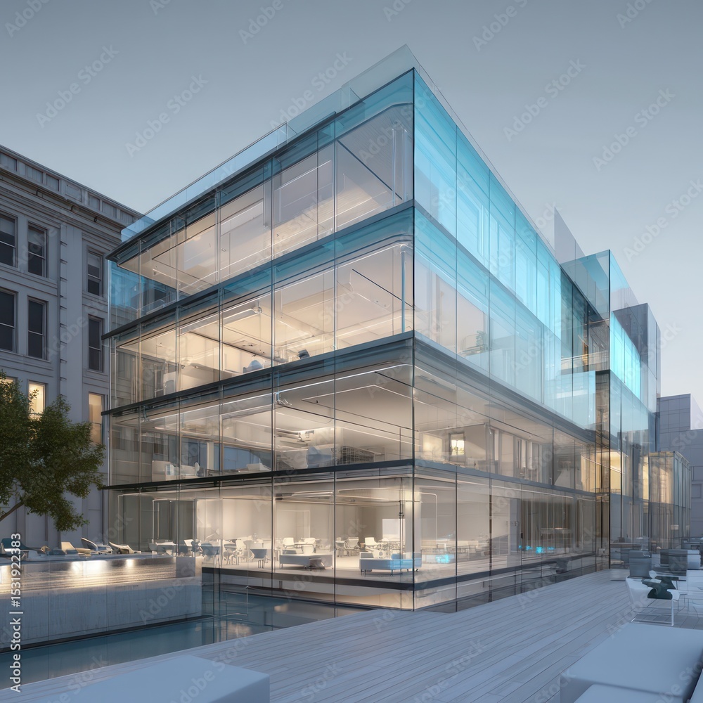 Poster modern building bim model visualized using advanced ai and cutting-edge technology tools.