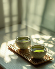 Vibrant Matcha Tea Ceremony: Two Ceramic Cups in Golden Sunlight