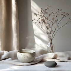 Subtle Comfort: Steaming Tea Cup with Dried Botanicals and Soft Sunlight