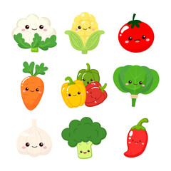 Cute farm vegetables, cauliflower, corn, tomato, carrot, bell pepper, spinach, garlic, broccoli, chili