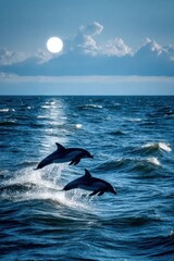 Fototapeta premium Dolphins leaping in the moonlight over dark blue ocean waves