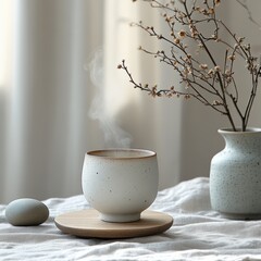 Cozy Japanese-Style Tea Moment: Steaming Ceramic Cup and Minimalist Decor