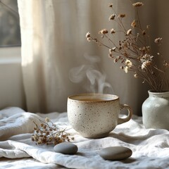 Warm Morning Glow: Steaming Ceramic Mug with Dried Flowers and Zen Stones