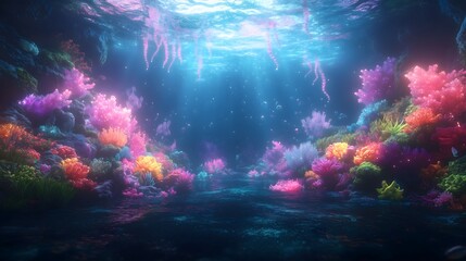 Glowing bioluminescent worms illuminate a mystic cave filled with coral during the tranquil hours of the evening
