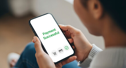 Woman Holding Smartphone Showing Payment Success Message And Icons Against Blurred Background