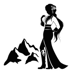 Elegant Woman Silhouette Against Mountain Landscape in Vector Style