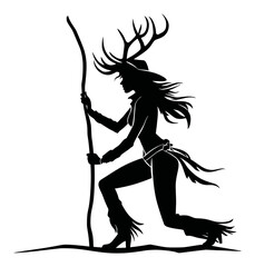 Silhouette of a Woman with Antlers Running with a Staff Vector Art