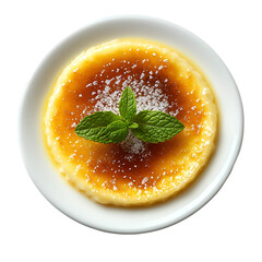Crème brûlée dessert with caramelized sugar and mint isolated on transparent background
