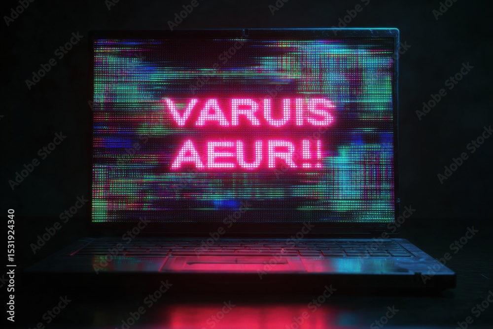 Poster Virus Alert Displayed on Laptop Screen With Glitch Background in a Clean Workspace Setting