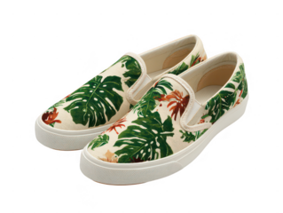 Tropical leaf print slip on canvas shoes isolated on transparent background