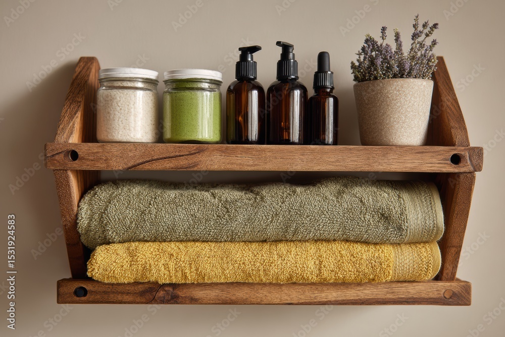 Aufkleber eco-friendly skincare display on wooden shelf with towels and glass containers in a serene setting