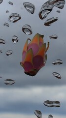 Dragon fruit reflected through raindrops