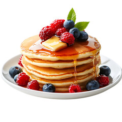 Fluffy pancake stack plate topped with melted butter isolated on transparent background
