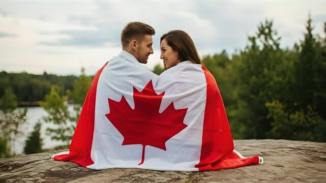 Canadian couple embrace under flag on lake rock for Canada Day, patriotism theme. Celebrate love, heritage, travel. National pride, identity, unity concepts. Celebrate, outdoors. - Powered by Adobe