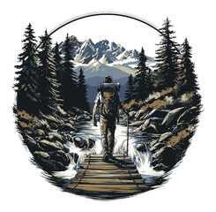 Adventurer Walking Through Scenic Forest with Mountains in Background