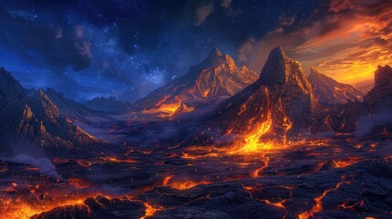 Epic landscape of volcanic mountains under a starry night and sunset sky