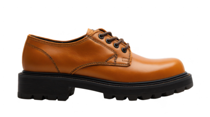 Tan leather oxford shoe with thick sole isolated on transparent background